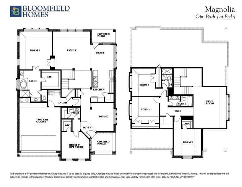 Bloomfield Homes Magnolia floor plan showing two-story layout with five bedrooms, game room, and optional bath at bedroom five. Bloomfield Homes Magnolia floor plan showing two-story layout with five bedrooms, game room, and optional bath at bedroom five.