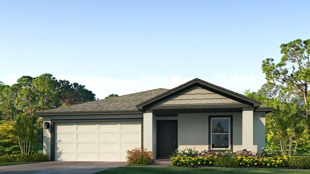 Front exterior of a new home in Oakfield Lakes, Parrish, FL, highlighting curb appeal (Image 1). Front exterior of a new home in Oakfield Lakes, Parrish, FL, highlighting curb appeal (Image 1).