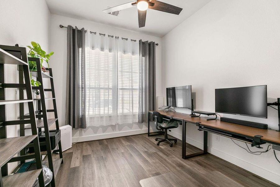 Bedroom 1 is currently used as an office and faces out to the cul-de-sac street. Bedroom 1 is currently used as an office and faces out to the cul-de-sac street.