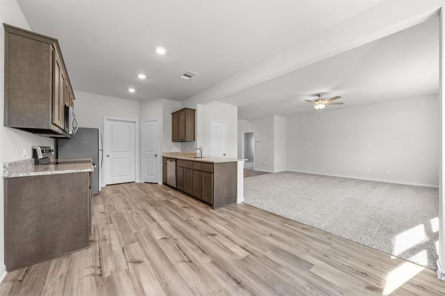 Kitchen featuring light carpet, light stone countertops, stainless steel appliances, ceiling fan, and sink