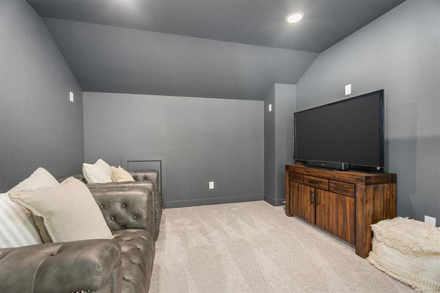 Cozy media room with dark walls and ceiling, featuring plush seating and a large TV on a wooden console. Perfect for movie nights.