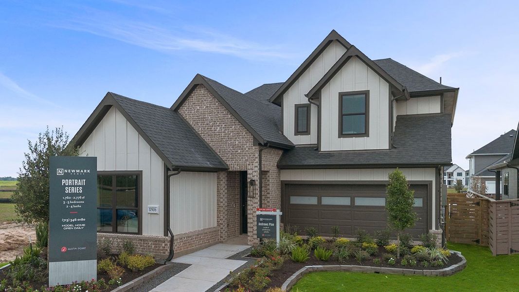 Front exterior of a new home in Austin Point, Richmond, TX, highlighting curb appeal (Image 2). Front exterior of a new home in Austin Point, Richmond, TX, highlighting curb appeal (Image 2).