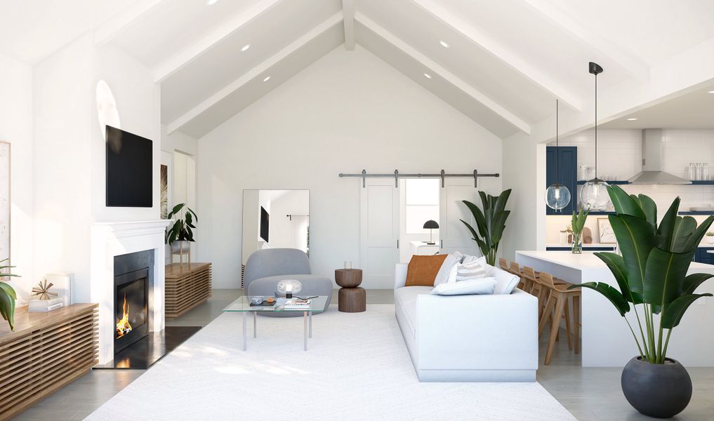 Great room with vaulted ceiling and white-painted ceiling beams Great room with vaulted ceiling and white-painted ceiling beams