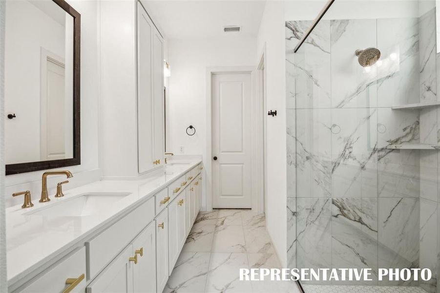 The spacious owner's bath walk in shower with drying area is the perfect place to start or end you day.  REPRESENTATIVE PHOTO