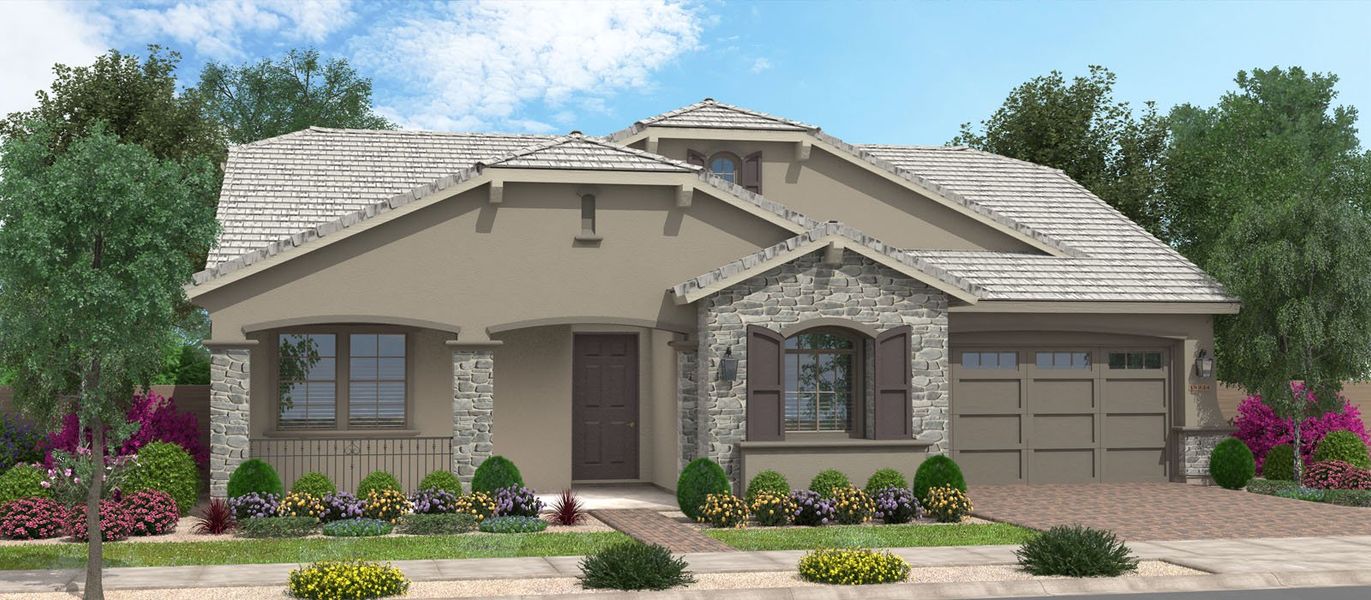Representative exterior photo of a completed home built from the Pineapple by Fulton Homes in Fields at Barney Farms, Queen Creek, AZ (Image 4).