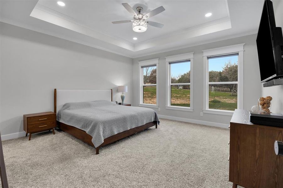 Bedroom with a raised ceiling, ceiling fan, light carpet, and ornamental molding