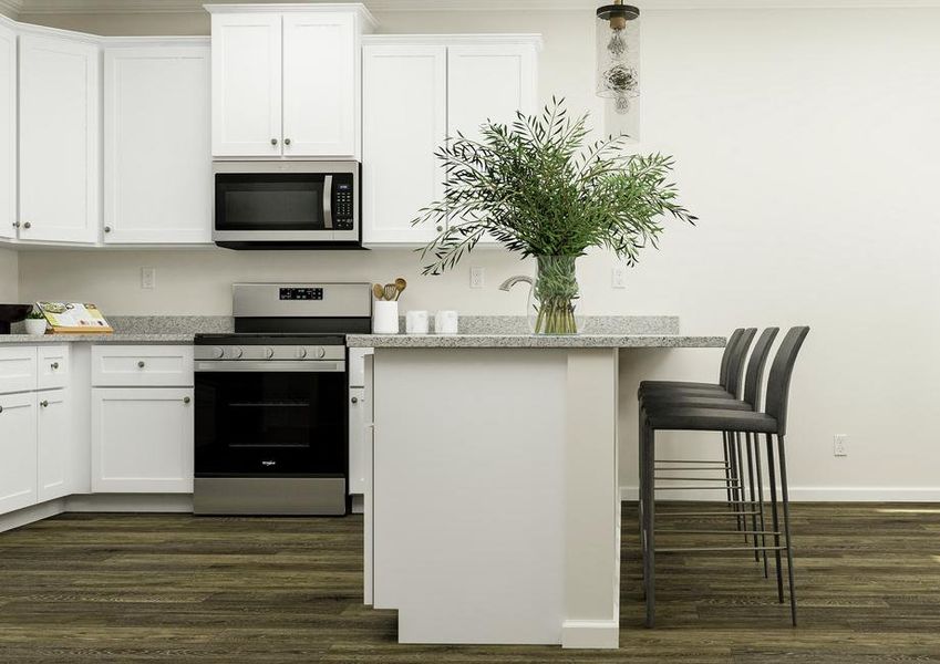 Rendering of the kitchen focused on the
  breakfast bar with four barstools. The kitchen has white cabinets, granite
  counters and stainless steel appliances.