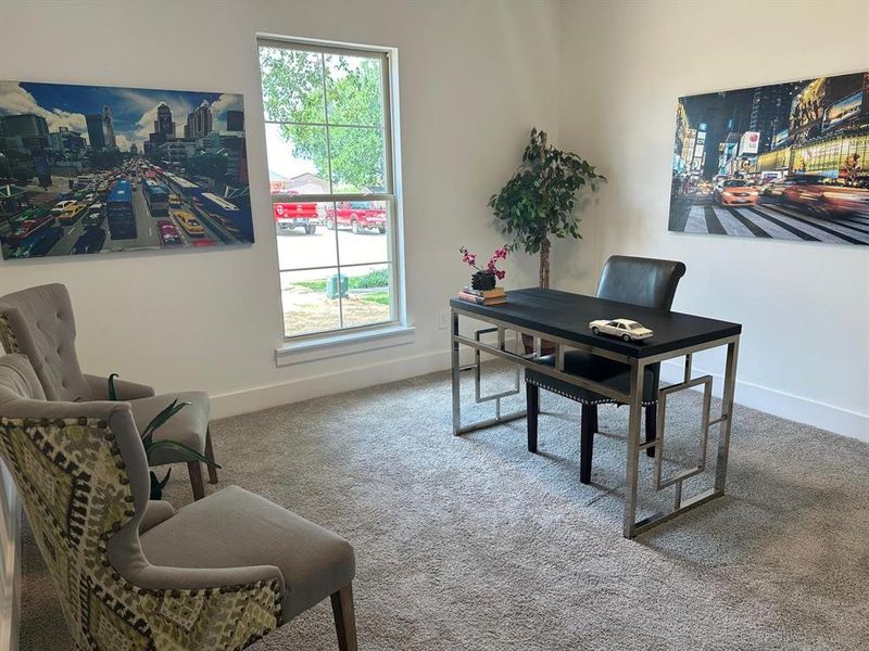 Carpeted office space with a wealth of natural light