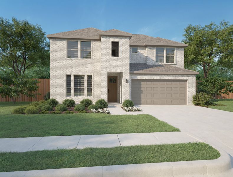 Front exterior of a new home in Painted Tree Woodland West, McKinney, TX, highlighting curb appeal (Image 1). Front exterior of a new home in Painted Tree Woodland West, McKinney, TX, highlighting curb appeal (Image 1).