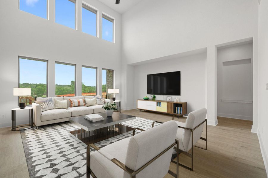 Family Room with soaring ceiling - Virtually Staged