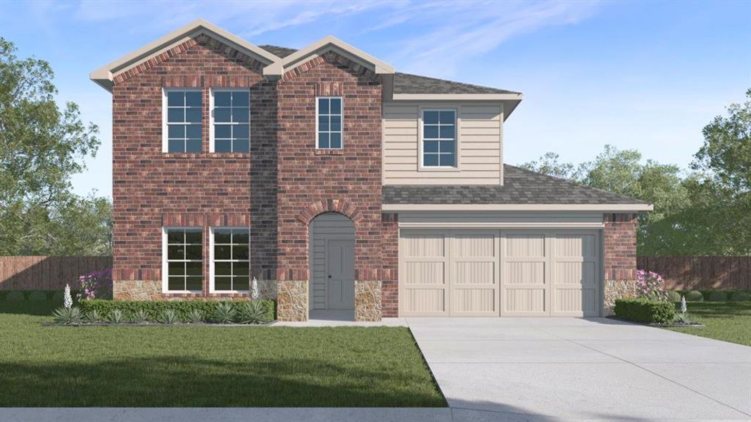 Two-story residence featuring a brick and siding facade with stone accents, a two-car garage, and a manicured front lawn Two-story residence featuring a brick and siding facade with stone accents, a two-car garage, and a manicured front lawn