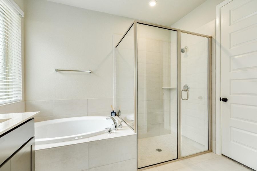 Soaking tub, glass walk-in shower, and door to walk-in closet. Soaking tub, glass walk-in shower, and door to walk-in closet.