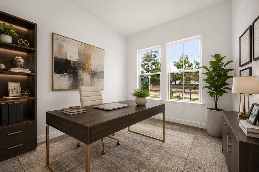 Bright and inviting home office with modern furnishings, featuring large windows that flood the space with natural light, elegantly virtually staged for inspiration. *** Virtually Staged***