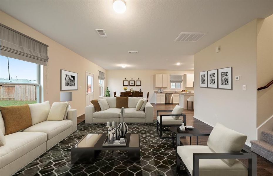 Spacious gathering room with large windows *Model Representation*