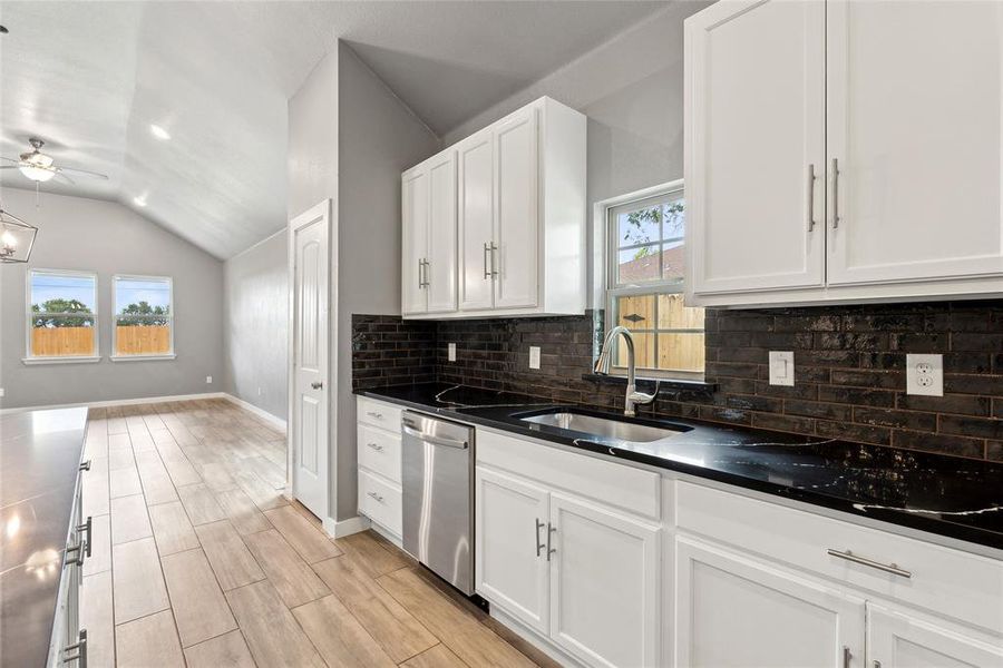 Kitchen featuring a wealth of natural light, stainless steel dishwasher, ceiling fan, and vaulted ceiling