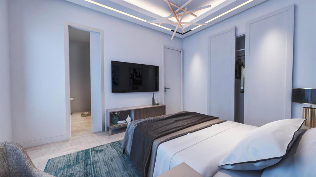 This modern bedroom features a sleek design with a cozy bed, mounted TV, and built-in closet. The room is enhanced by a unique ceiling light fixture and a stylish area rug, creating a comfortable and inviting atmosphere. Virtually staged. This modern bedroom features a sleek design with a cozy bed, mounted TV, and built-in closet. The room is enhanced by a unique ceiling light fixture and a stylish area rug, creating a comfortable and inviting atmosphere. Virtually staged.