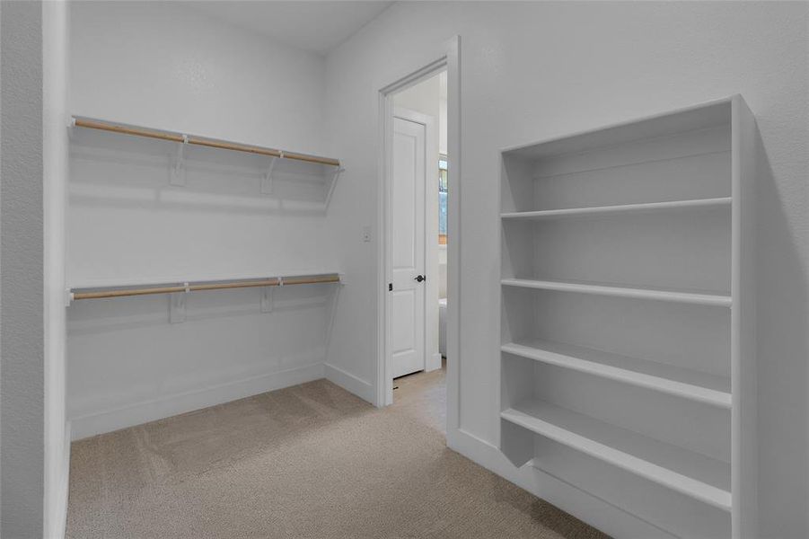 Walk-in closet featuring built-in shelving, two levels of hanging rods, and neutral-toned carpeting