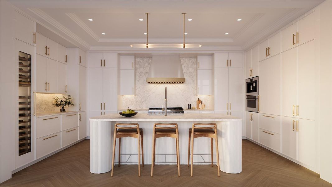 Thoughtfully designed kitchen featuring custom cabinetry offered in three refined color palettes, with soft-close functionality throughout. Illuminated drawers with integrated dividers provide exceptional organization, while a discreet paneled door reveals a secondary pantry with additional refrigerator and storage.