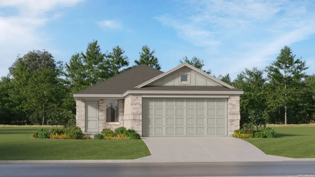 Front exterior of a new home in Stone Garden, Elmendorf, TX, highlighting curb appeal (Image 23).