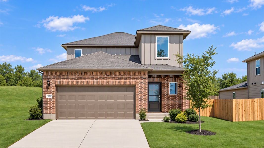 Representative exterior photo of a completed home built from the Hawk by Taylor Morrison in Sunfield, Mustang Ridge, TX (Image 24).