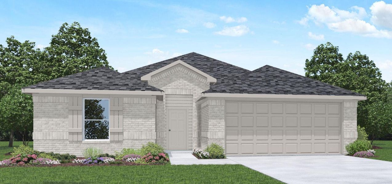 Front exterior of a new home in Medina, Dayton, TX, highlighting curb appeal (Image 1).
