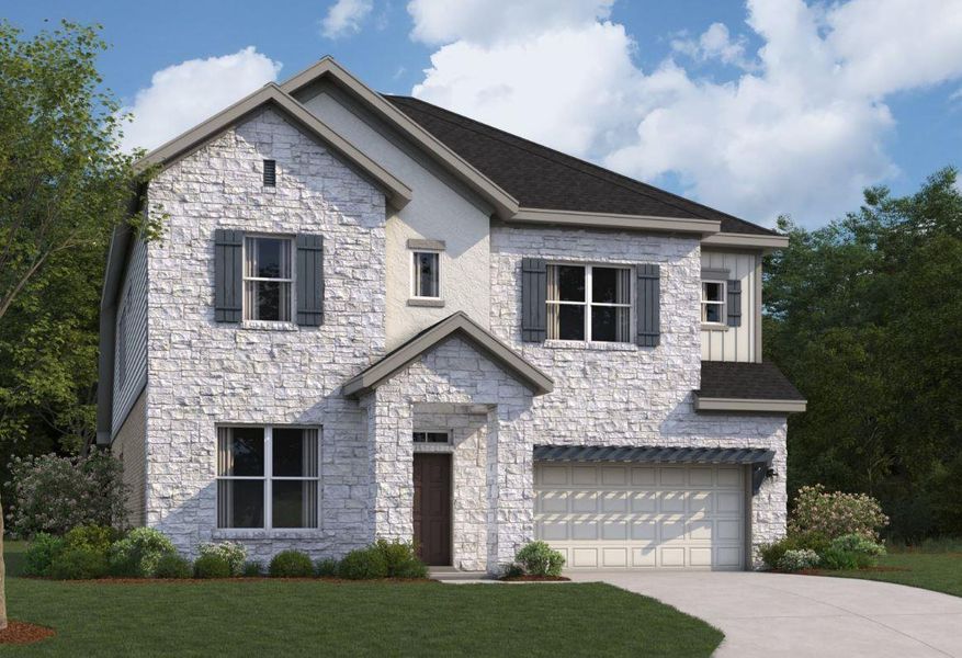 Front exterior of a new home in Edgewood, Leander, TX, highlighting curb appeal (Image 2).