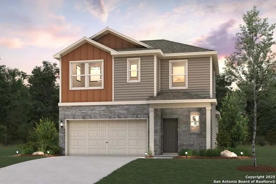 Front exterior of a new home in Senna, Leon Valley, TX, highlighting curb appeal (Image 1).