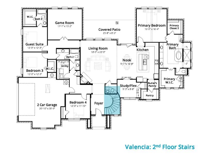 2D floor plan layout for the Valencia by John Houston Homes in Tuscan Estates, undefined, TX (Image 1). 2D floor plan layout for the Valencia by John Houston Homes in Tuscan Estates, undefined, TX (Image 1).