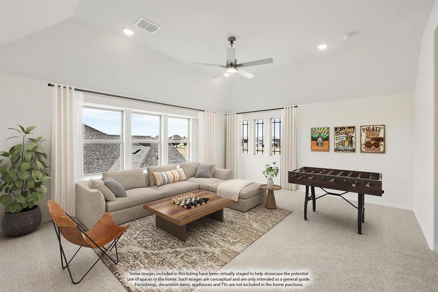 Bonus room with sectional sofa, foosball table, and ceiling fan on carpeted floor Bonus room with sectional sofa, foosball table, and ceiling fan on carpeted floor