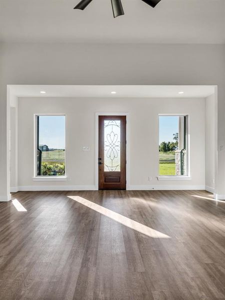 Entrance foyer featuring a wealth of natural light, hardwood / wood-style flooring, and ceiling fan