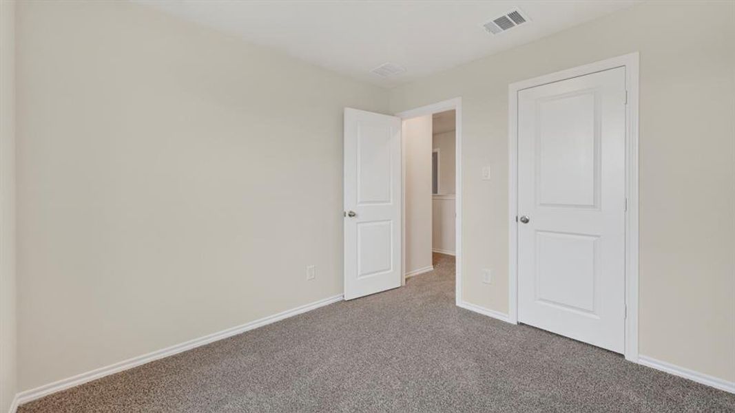 Neutral-toned wall paint with white trim, gray textured carpet, and two interior doors with white paneling