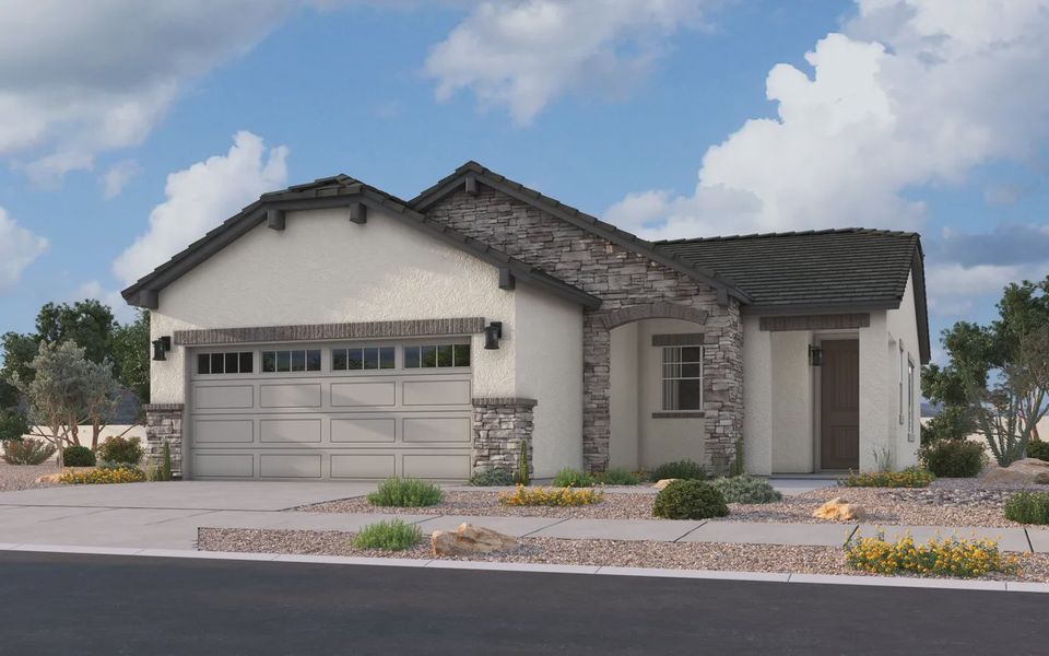 Front exterior of a new home in Avanti at Granite Vista, Waddell, AZ, highlighting curb appeal (Image 16).