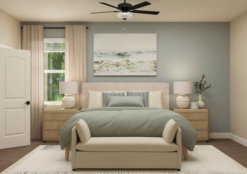 Rendering of a master bedroom furnished with a large white bed in between two side tables. There is also a white bench at the end of the bed. Rendering of a master bedroom furnished with a large white bed in between two side tables. There is also a white bench at the end of the bed.