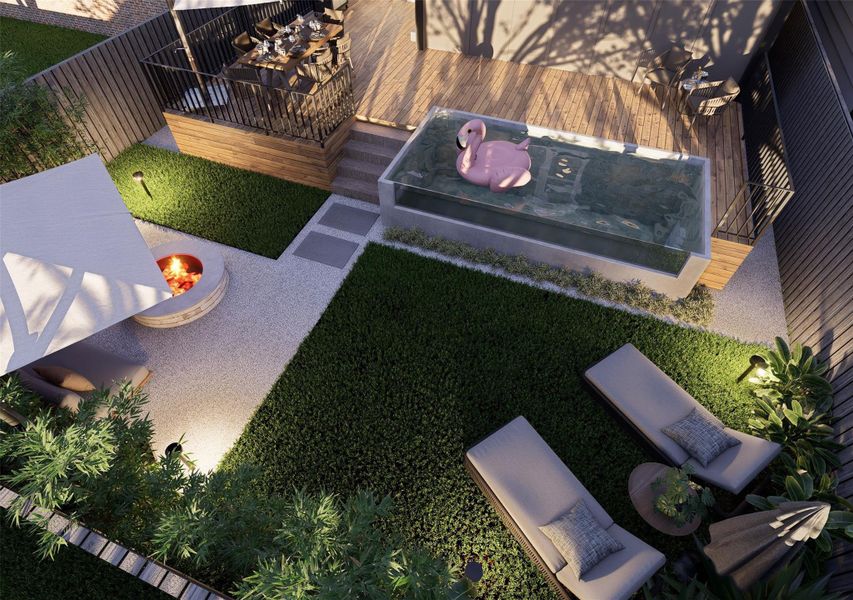 This vision captures the endless potential of the backyard—an inspired balance of leisure and luxury. Imagine elevated dining beside a sleek plunge pool, while a fire-lit lounge and private sun deck create distinct zones for entertaining or unwinding. Designed to spark imagination, this concept illustrates what’s possible when form, function, and modern living converge.