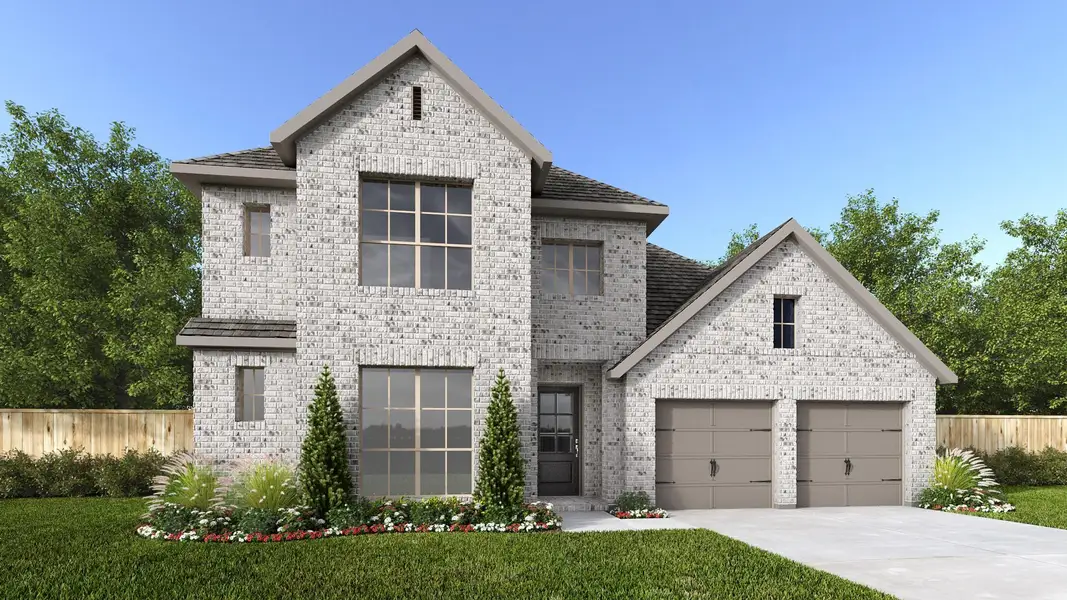 Front exterior of a new home in Cross Creek West 55', Fulshear, TX, highlighting curb appeal (Image 1). Front exterior of a new home in Cross Creek West 55', Fulshear, TX, highlighting curb appeal (Image 1).