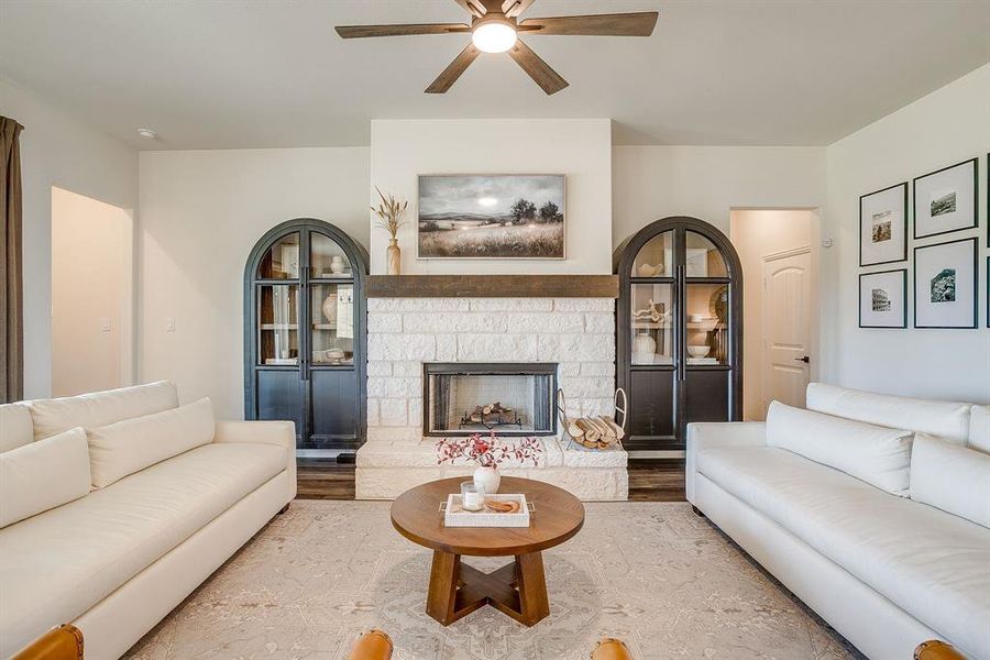 Stone wood burning fireplace