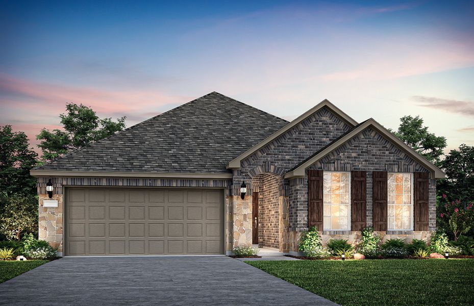 Exterior B, with stone accents, shutters, and 2-car garage with extra storage space