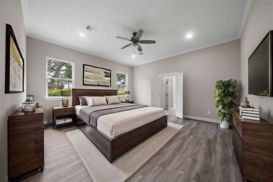 Virtually Staged - Primary Bedroom with ensuite bath and dual walk-in closets