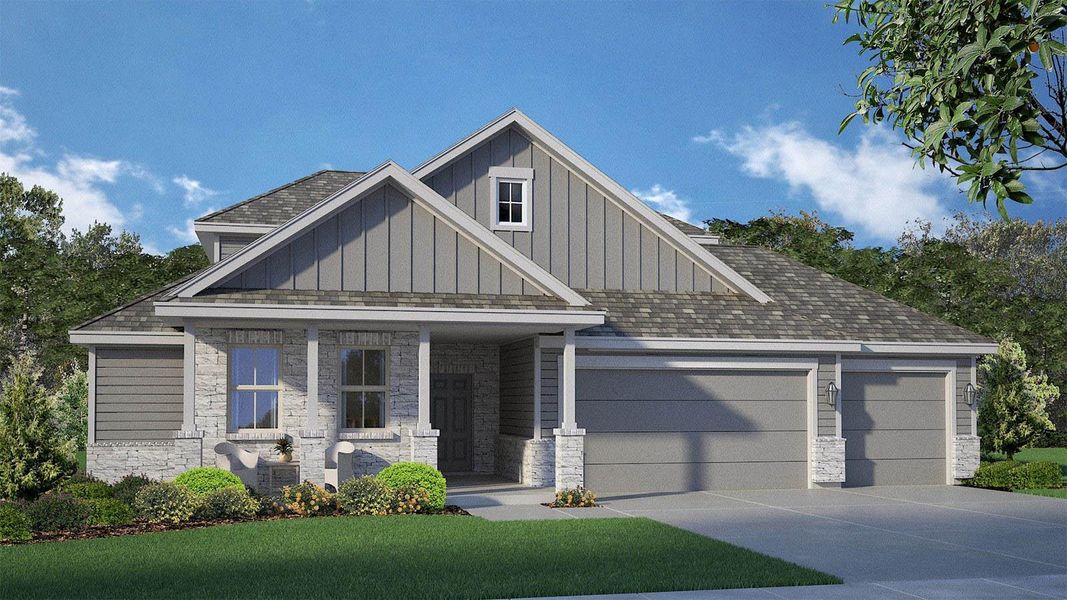 Craftsman house with board and batten siding, covered porch, an attached garage, stone siding, and driveway Craftsman house with board and batten siding, covered porch, an attached garage, stone siding, and driveway