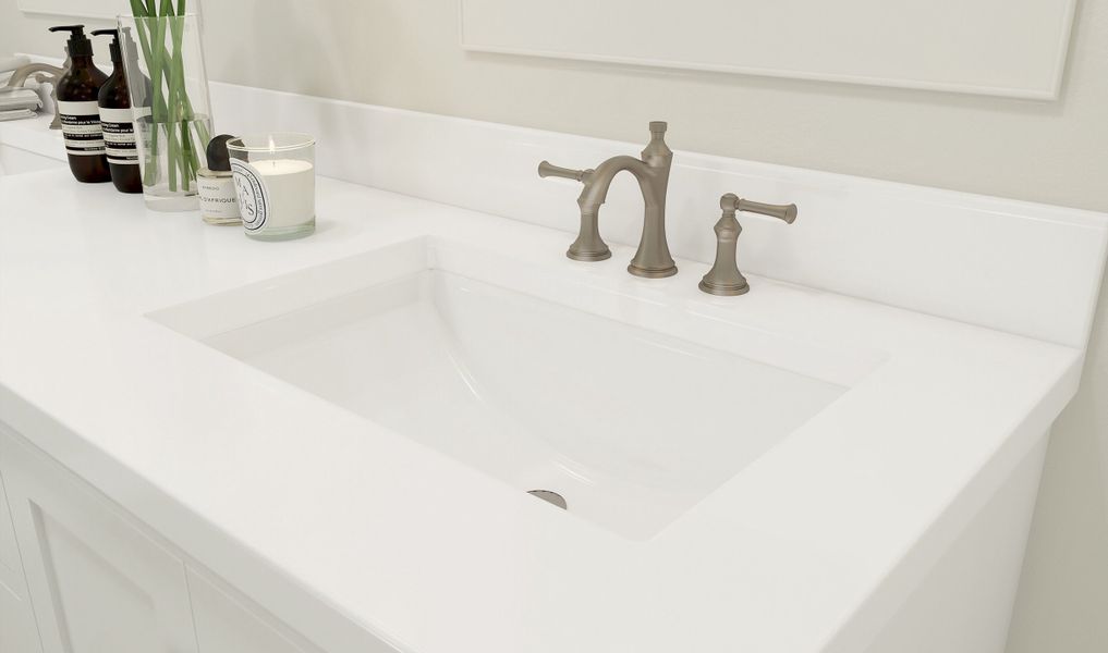 Primary bath sink with brushed nickel faucets