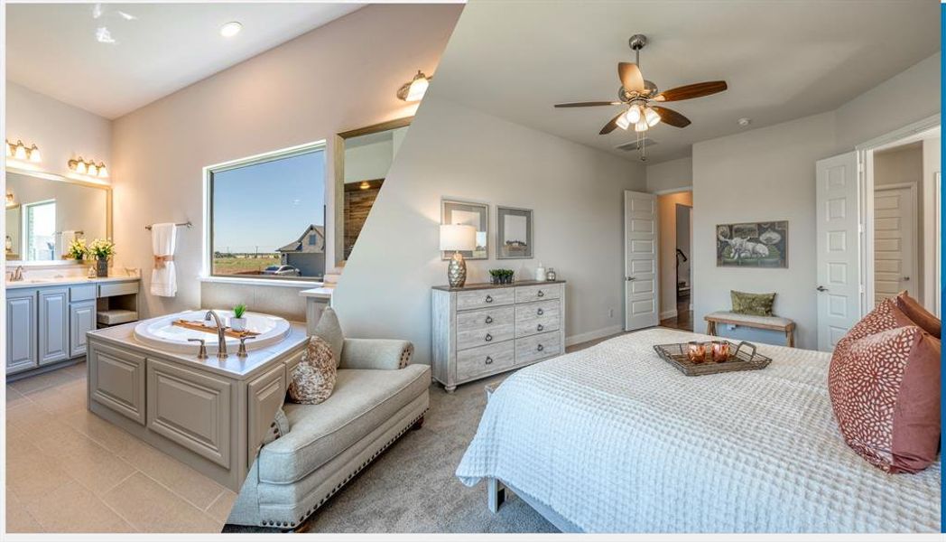 Bedroom with ceiling fan, light tile patterned floors, and ensuite bath