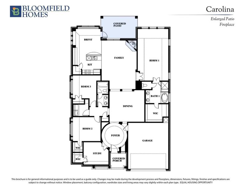 Bloomfield Homes Carolina floor plan with three bedrooms, family room, dining, study, garage, and covered patio with fireplace.