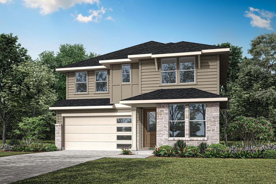 Representative exterior photo of a completed home built from the Willow by Tri Pointe Homes in Treeline, Justin, TX (Image 18). Representative exterior photo of a completed home built from the Willow by Tri Pointe Homes in Treeline, Justin, TX (Image 18).