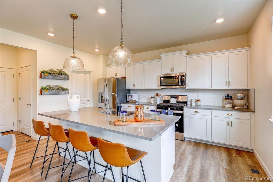 The kitchen is well-appointed with stainless steel appliances, quartz countertops, and spacious walk-in pantry The kitchen is well-appointed with stainless steel appliances, quartz countertops, and spacious walk-in pantry