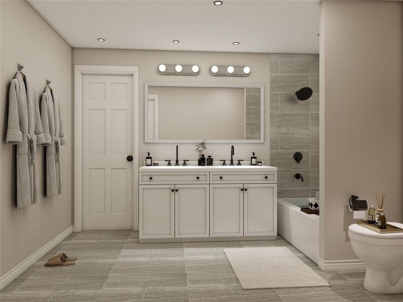 Primary bathroom. Spa-like retreat with a quartz-topped custom vanity with dual sinks. Beautiful tiles, elegant fixtures and high-arc faucets. Indulge and relax in the upgraded bathtub after a long day of hard work. Example photo, virtually staged