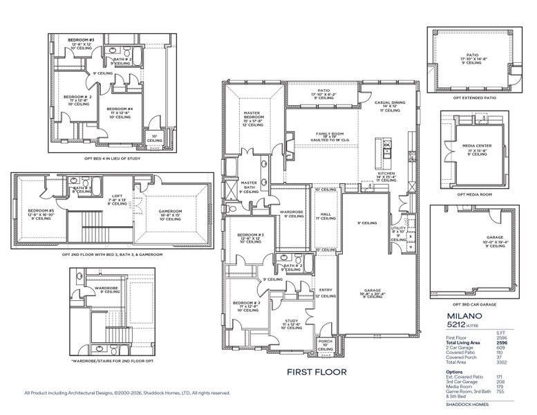 2D floor plan layout for the Milano - SH 5212 by Shaddock Homes in Quail Hollow, Rockwall, TX (Image 3).