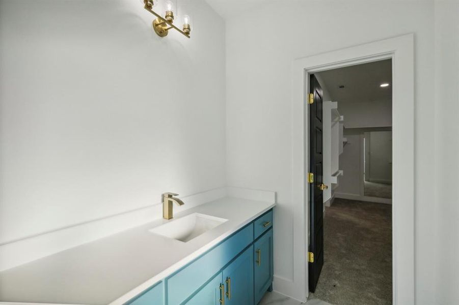 Bathroom featuring dark carpet and vanity Bathroom featuring dark carpet and vanity