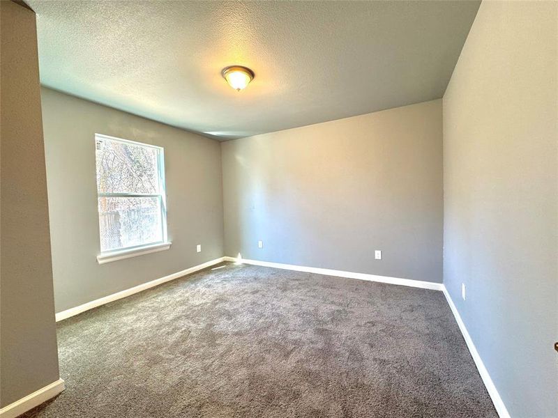 Empty room featuring carpet flooring and a textured ceiling