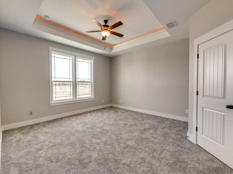 Carpeted empty room with ceiling fan, baseboards, visible vents, and a raised ceiling