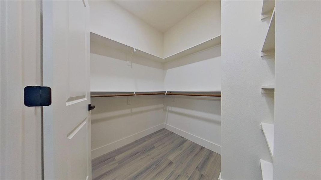 Walk in closet with light wood finished floors